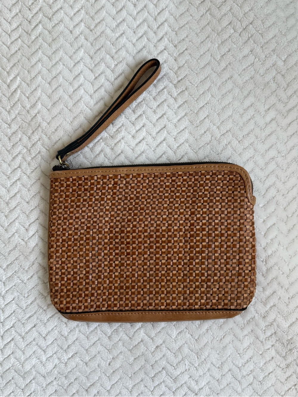 Woven Leather Wristlet Clutch - Tan